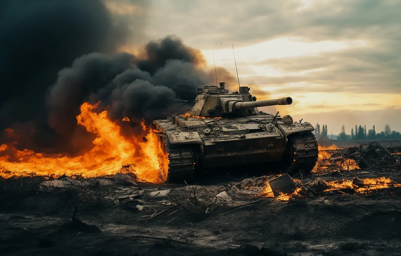 Photo wallpaper lights, smoke, tank, digital art, AI art, The Art of Artificial Intelligence, A damaged tank, …