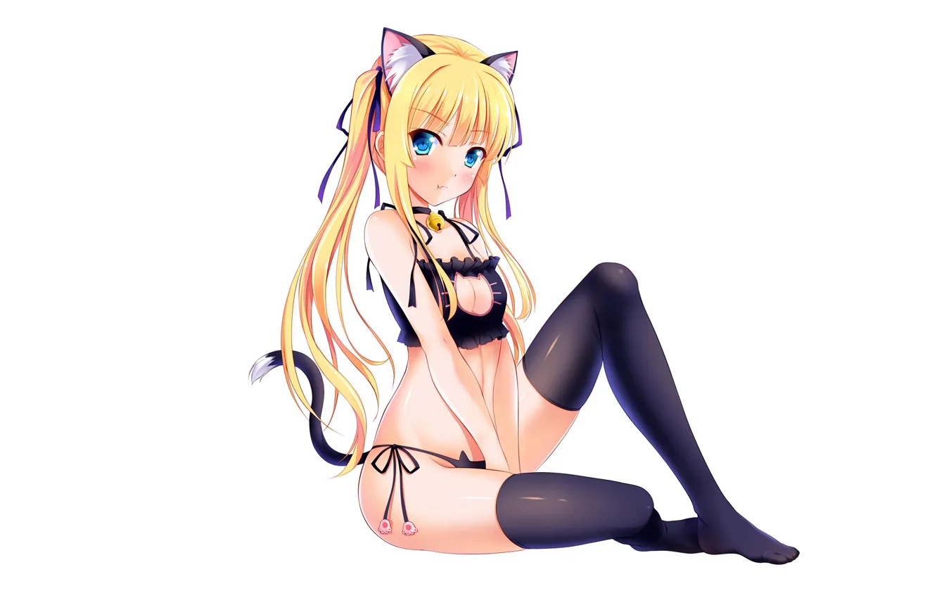 Photo wallpaper girl, sexy, lingerie, bra, cleavage, panties, thighhighs, long hair