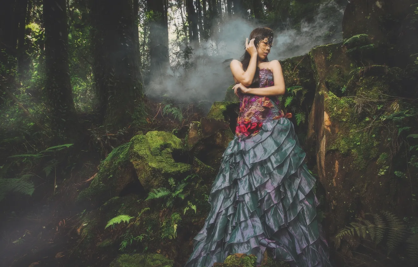 Photo wallpaper forest, dress, mask, Asian