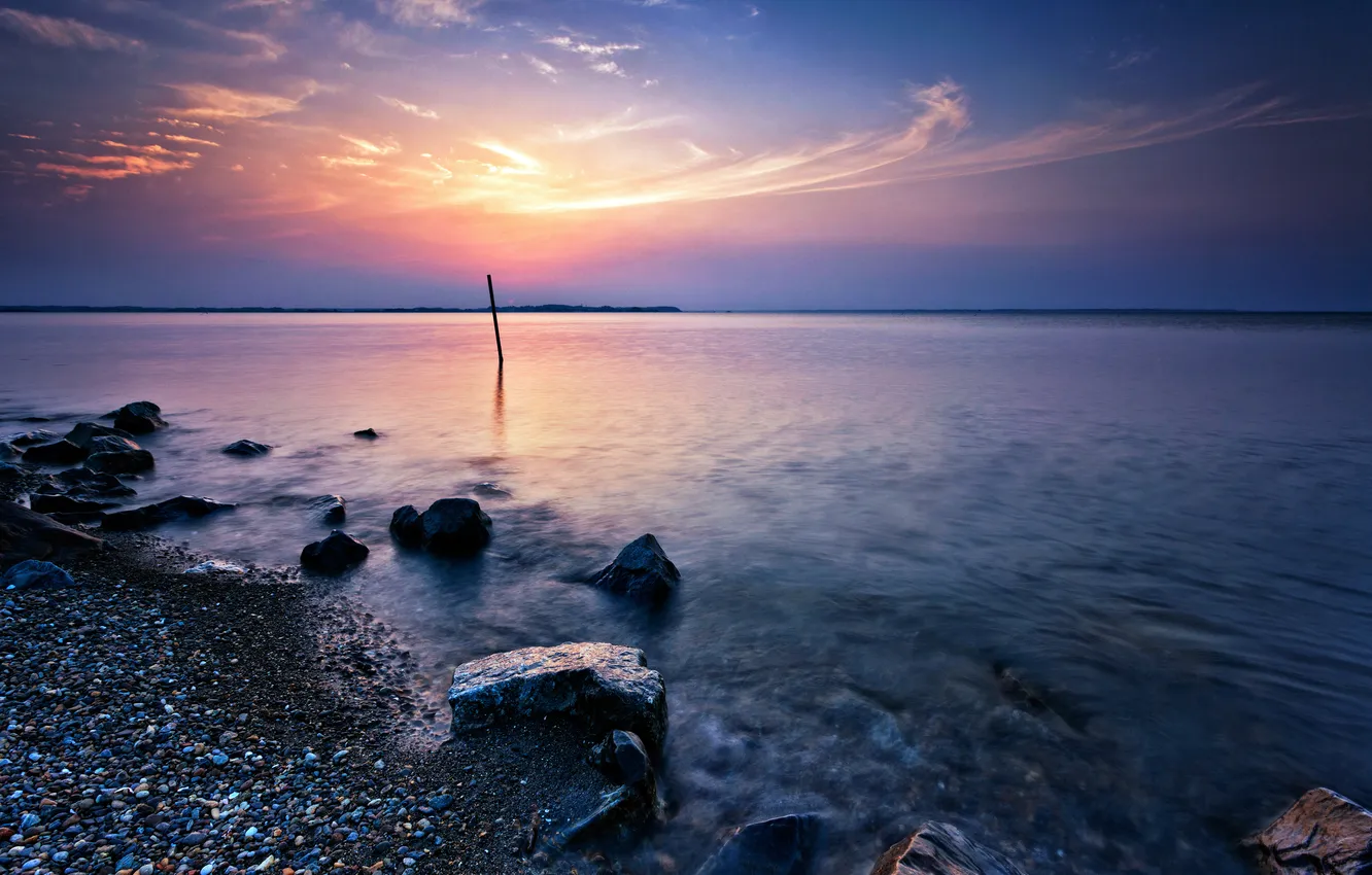 Photo wallpaper sunset, lake, stones, shore, the evening, twilight