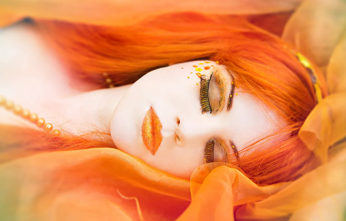 Photo wallpaper autumn, girl, sleep, makeup, beads, redhead