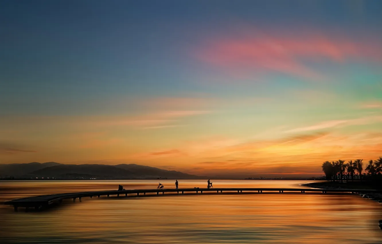 Photo wallpaper sunset, bridge, river