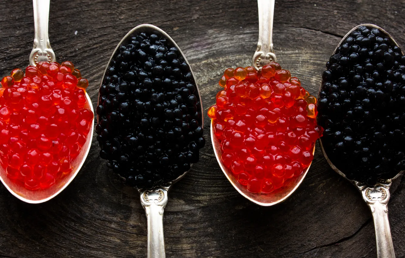 Photo wallpaper close-up, red, black, spoon, caviar, bokeh, four