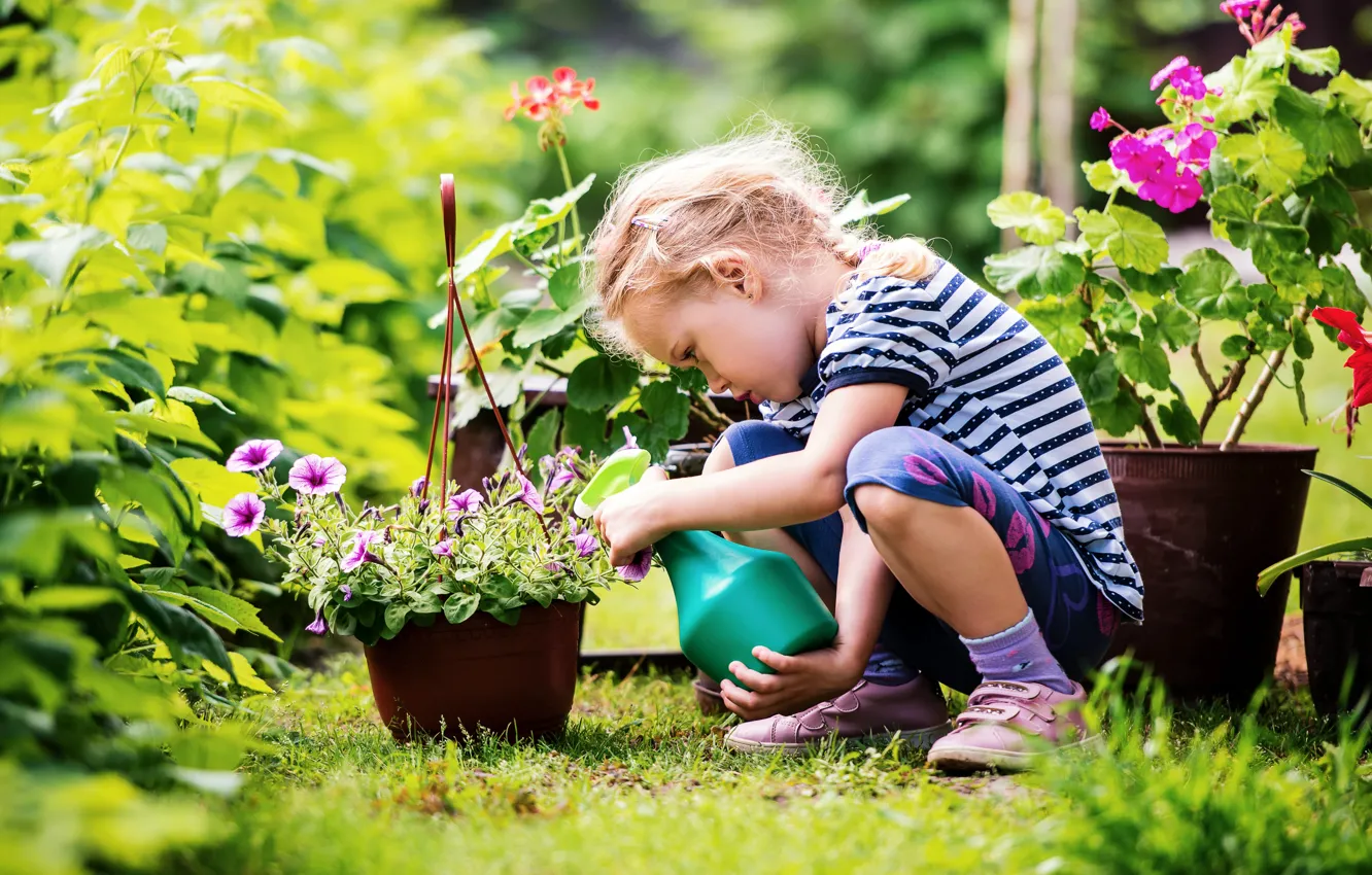 Photo wallpaper flowers, children, garden, girl, garden, children, Gardening, Reconnect with nature