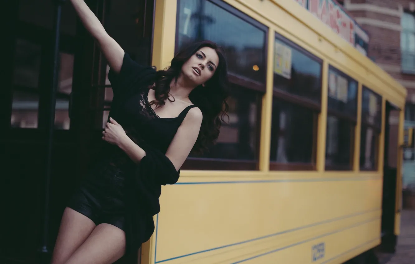 Photo wallpaper Girl, bus, legs