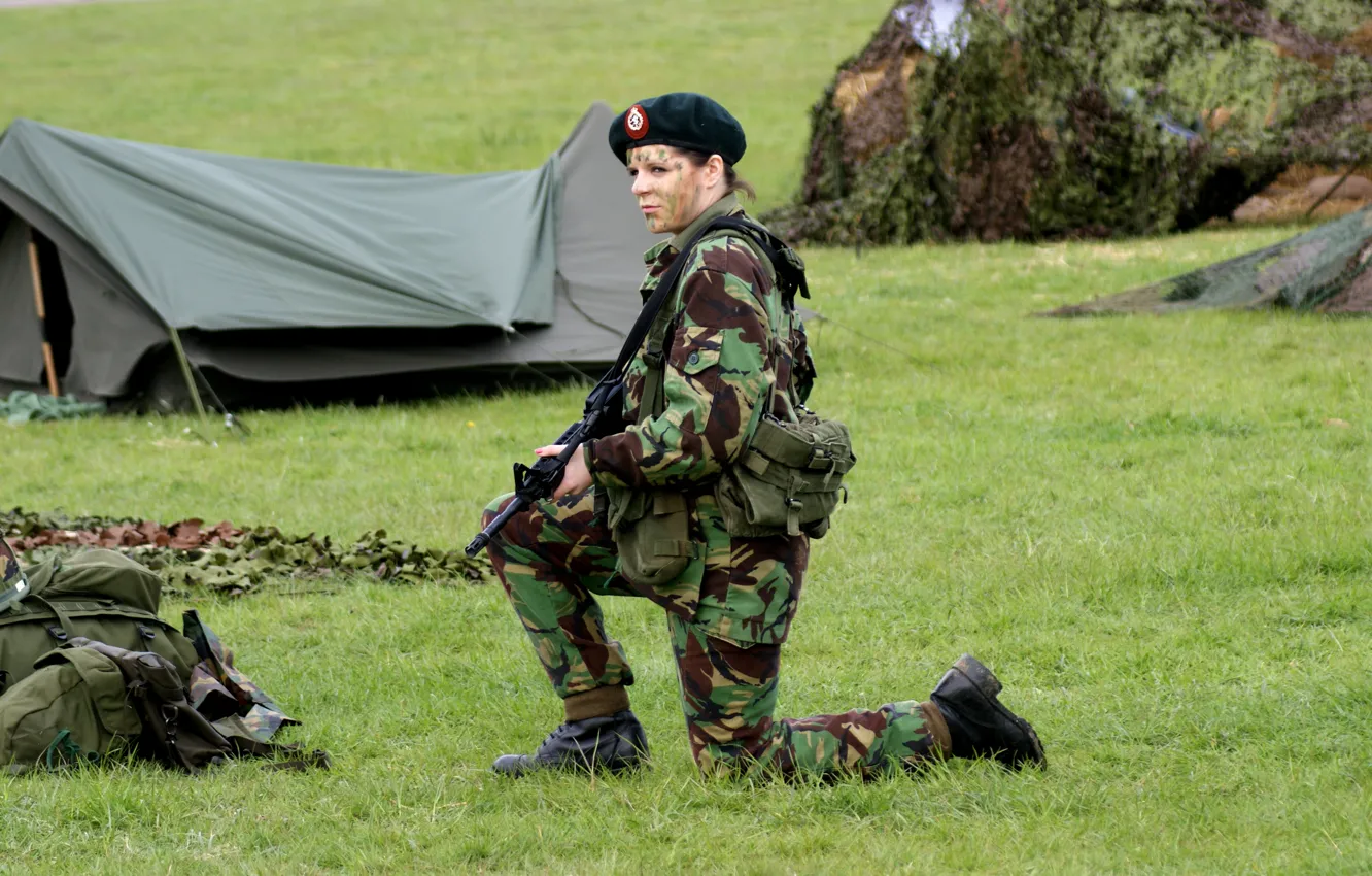 Photo wallpaper grass, girl, weapons, soldiers, tent, equipment, uniform, camp