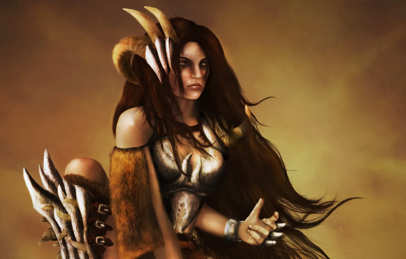 Photo wallpaper look, girl, fiction, hair, art, skin, armor