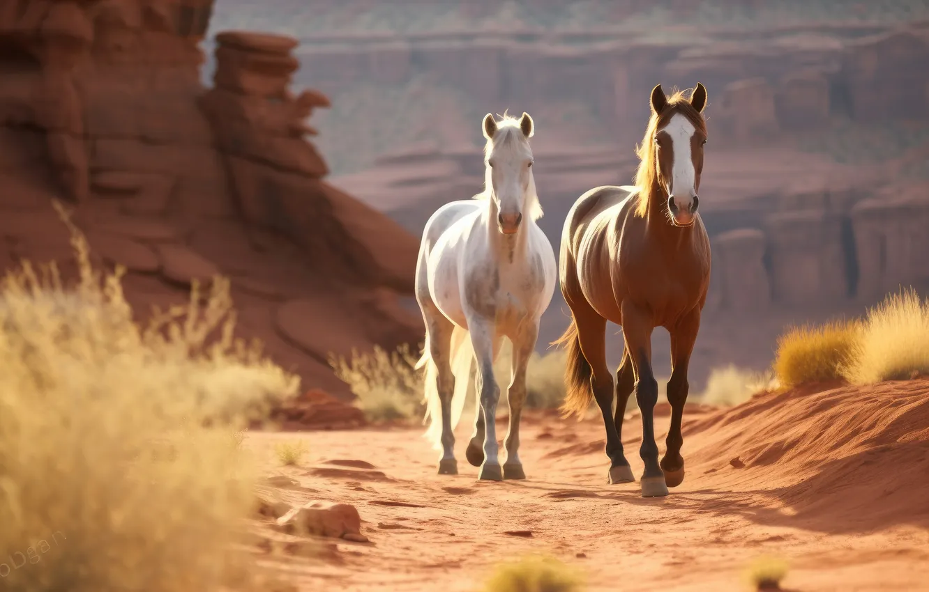 Photo wallpaper desert, horses, sun rays