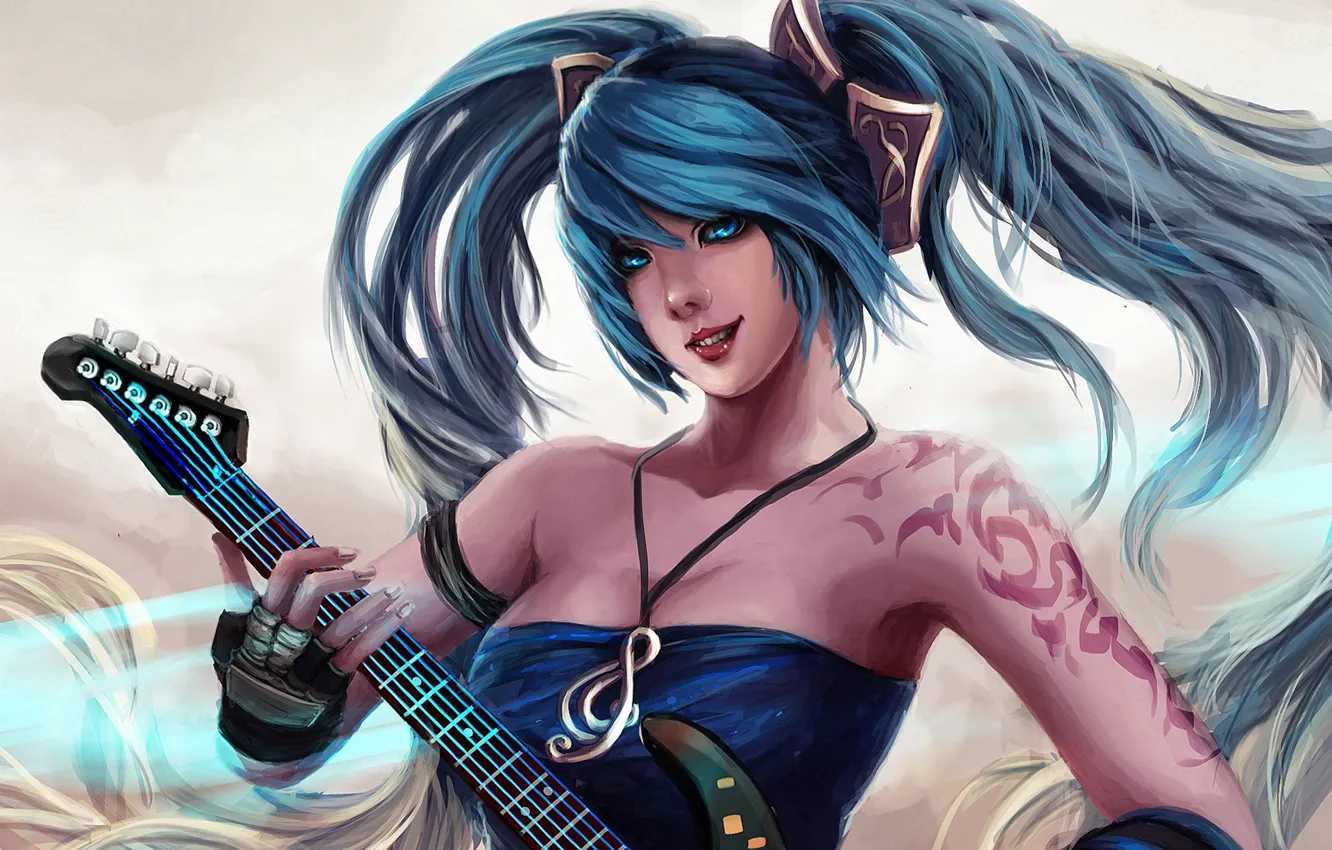 Photo wallpaper girl, guitar, art, blue hair, League of Legends, sona, Maven of the Strings