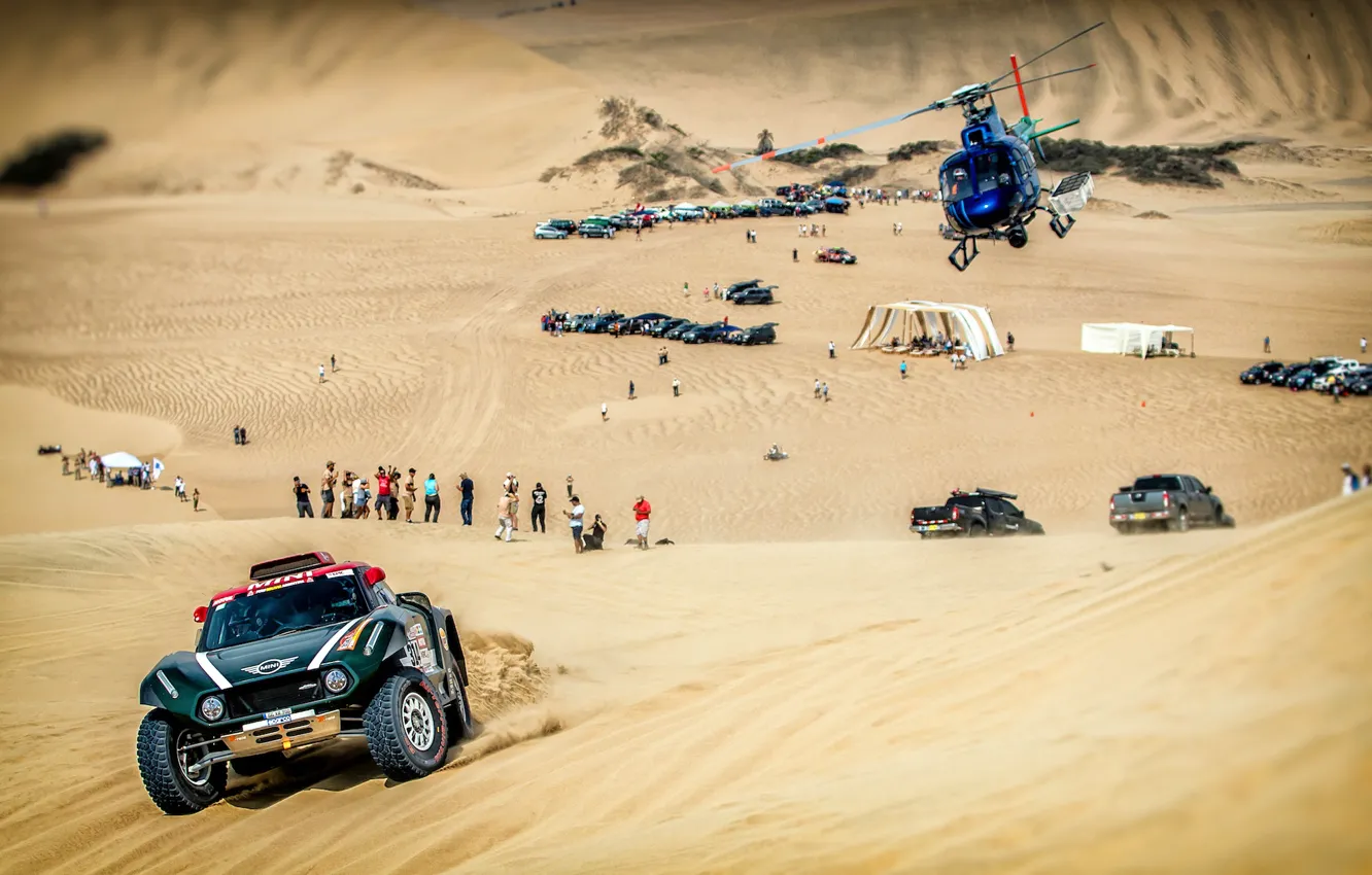 Photo wallpaper Sand, Mini, Sport, Desert, Speed, Helicopter, Rally, Dakar