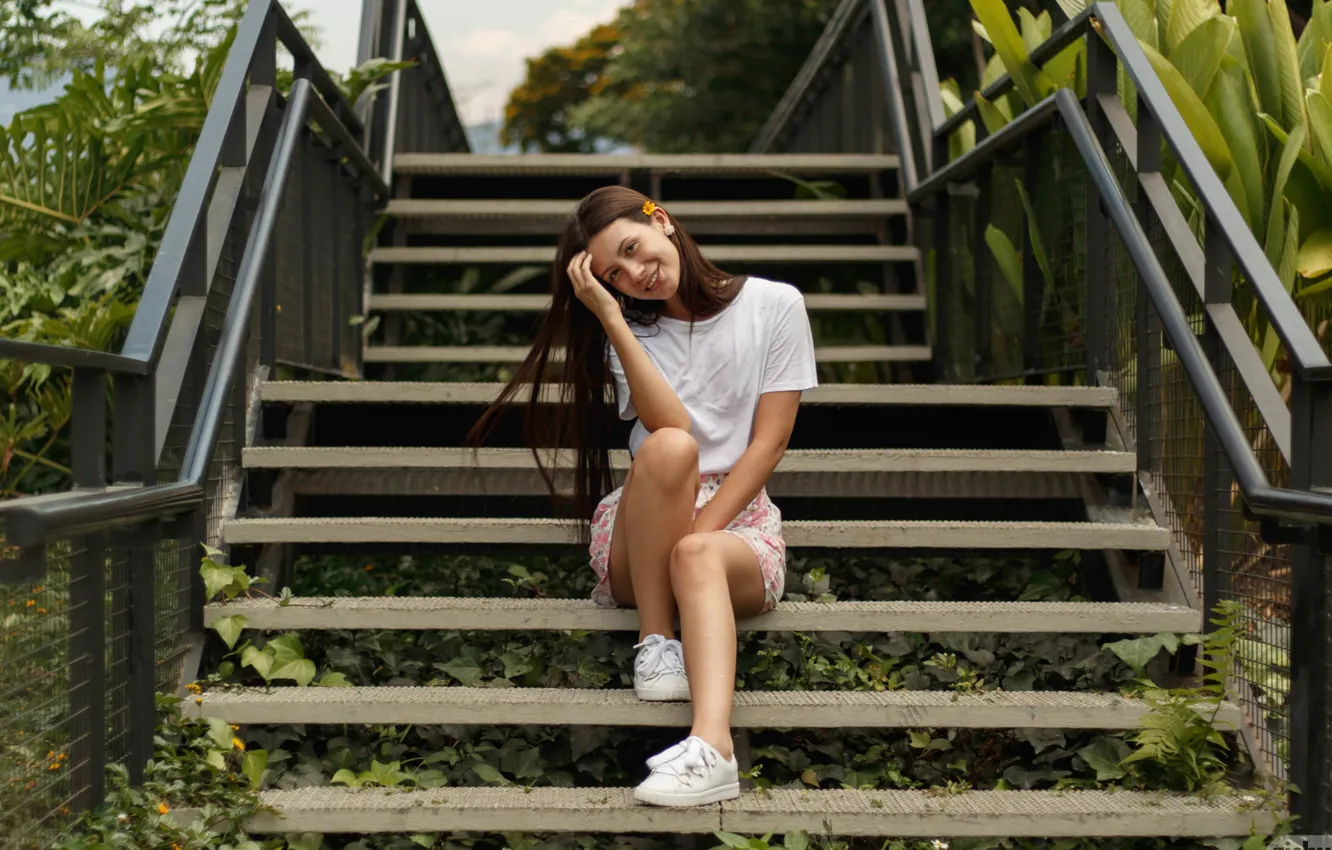 Photo wallpaper long hair, legs, brown eyes, model, brunette, smiling, sitting, sneakers