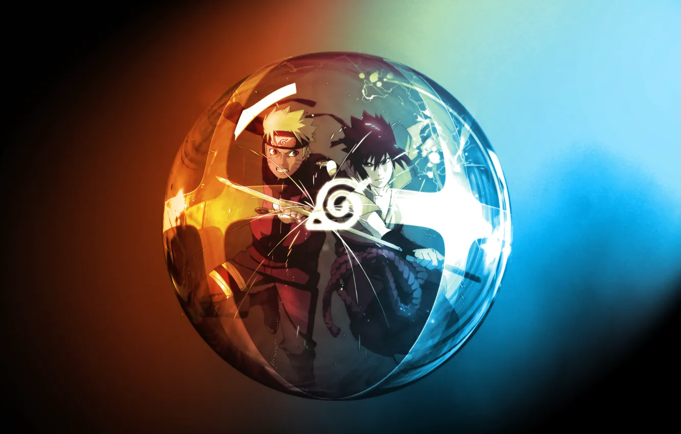 Photo wallpaper ball, katana, naruto, uchiha sasuke, Uzumaki naruto, sign Konoha