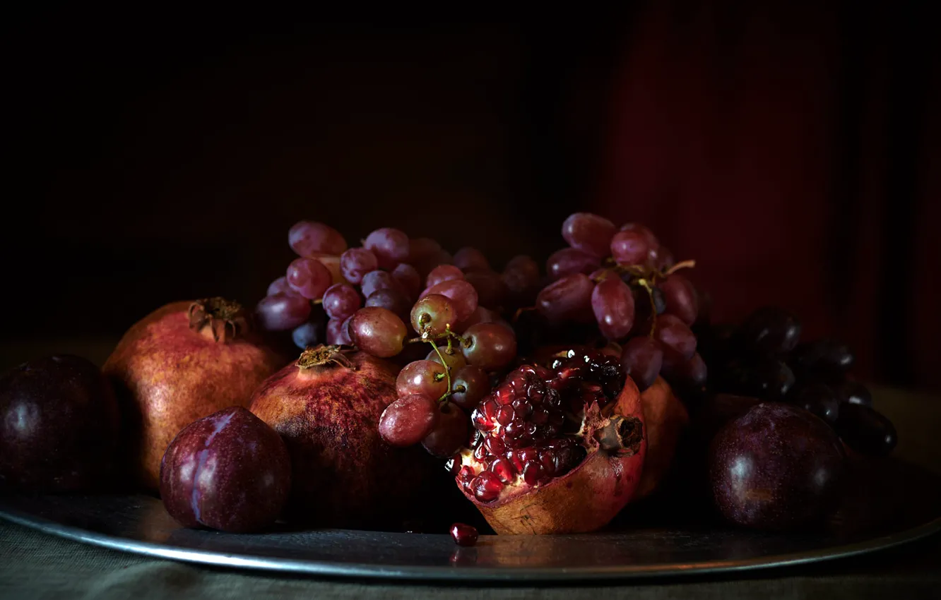 Photo wallpaper light, red, the dark background, grapes, fruit, still life, plum, grenades