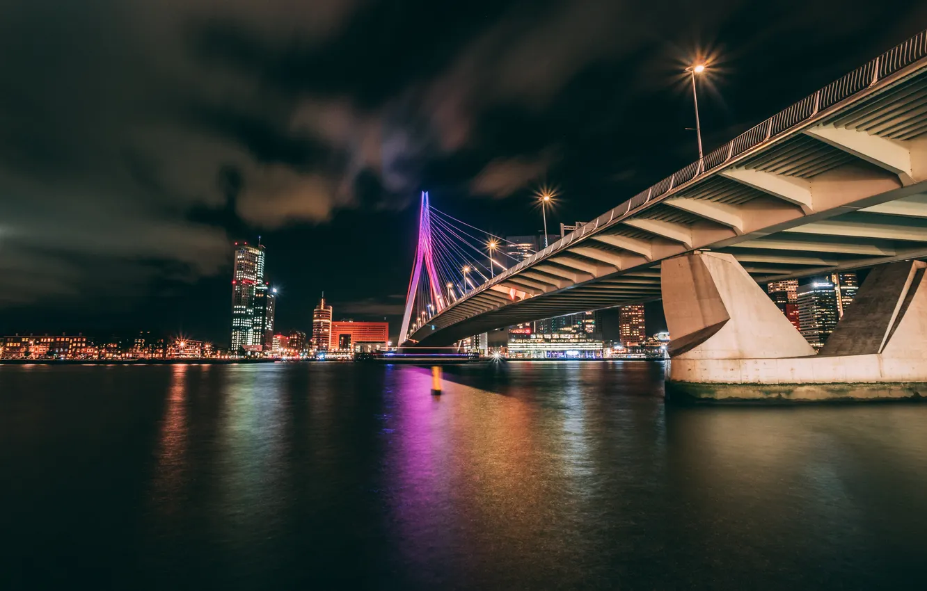 Photo wallpaper night, bridge, lights, river, shore, home, Netherlands, Rotterdam