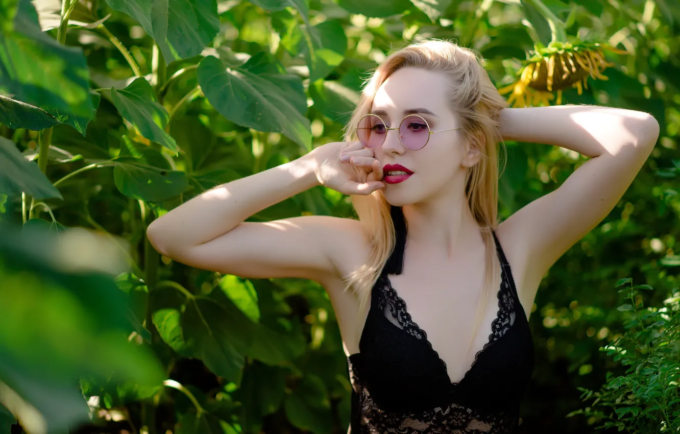 Photo wallpaper field, girl, sunflowers, beautiful girl