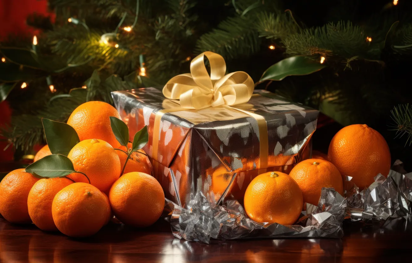 Photo wallpaper leaves, branches, table, box, gift, Shine, oranges, Christmas
