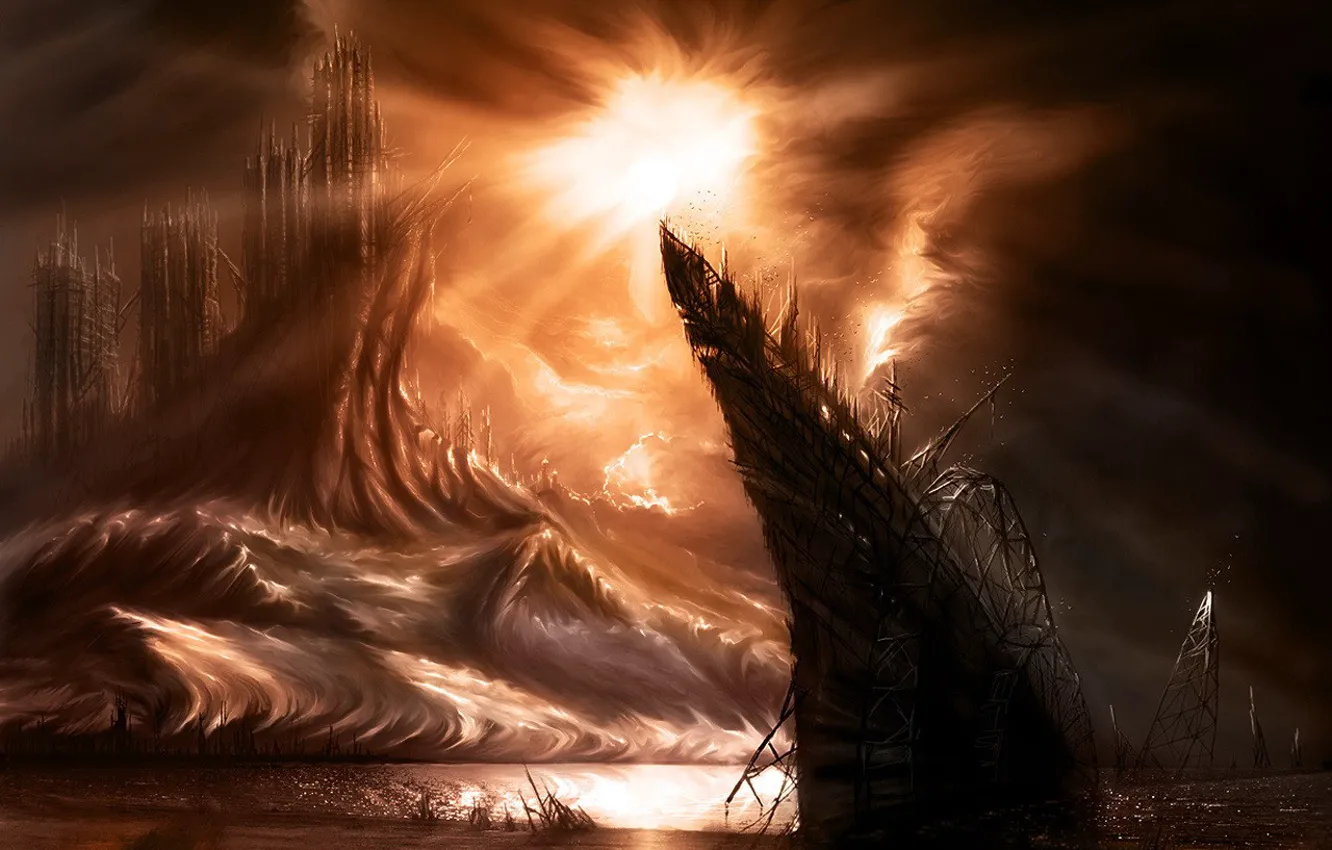 Photo wallpaper the wreckage, the sun, light, figure