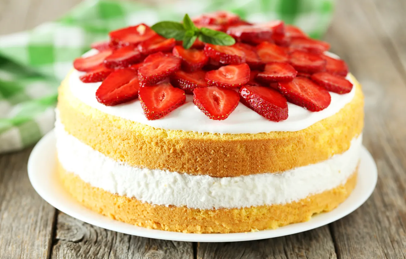 Photo wallpaper berries, table, Board, strawberry, plate, sweets, cake, bokeh