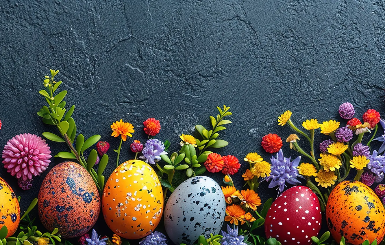 Photo wallpaper flowers, eggs, spring, colorful, Easter, flowers, spring, Easter