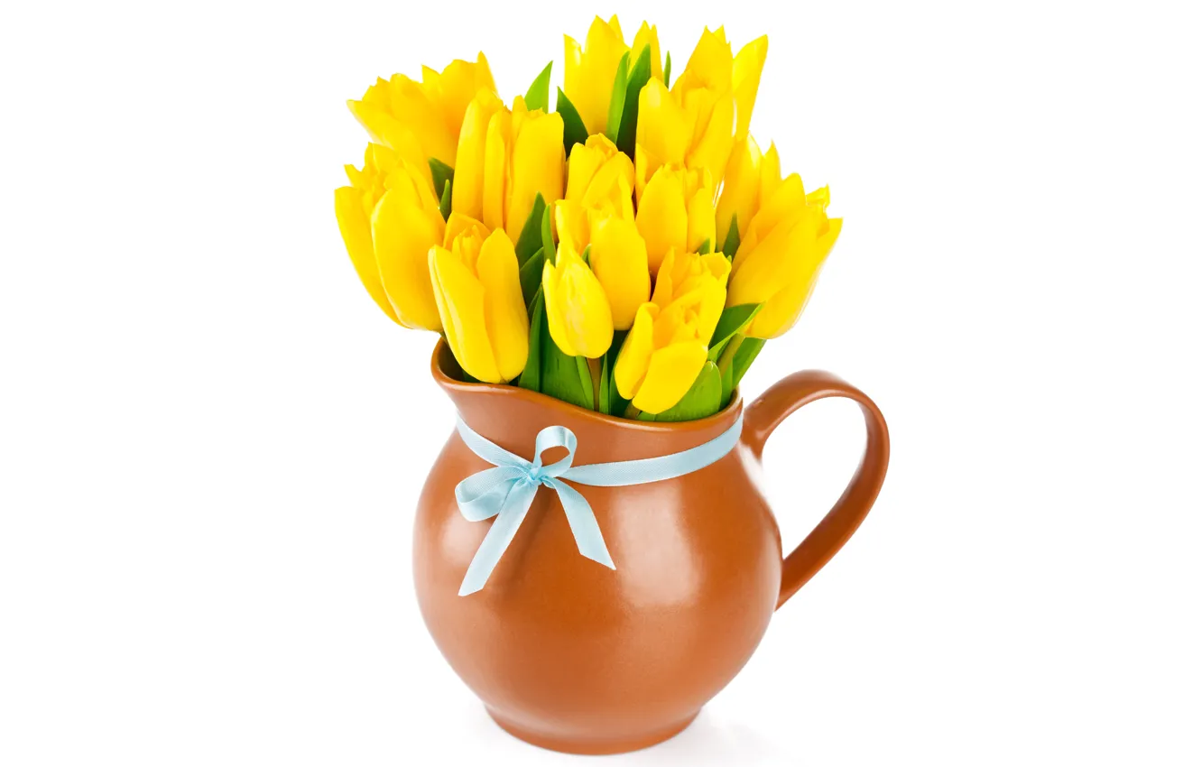 Photo wallpaper bouquet, yellow, tulips, pitcher, bow, flowers, tulips