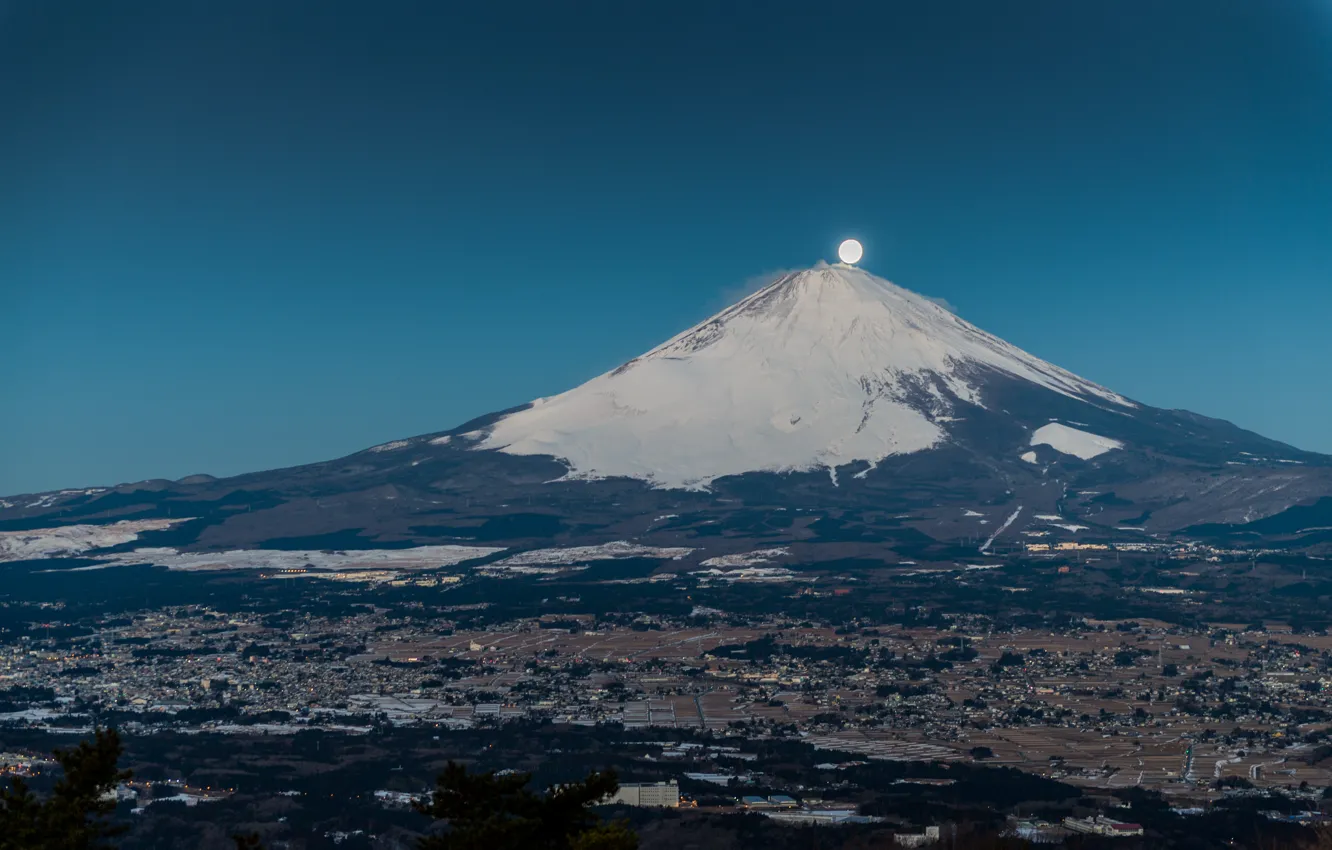 Photo wallpaper landscape, the city, the moon, mountain, the volcano, Japan, Fuji