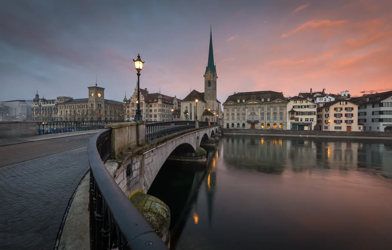 Photo wallpaper bridge, the city, river, Zurich