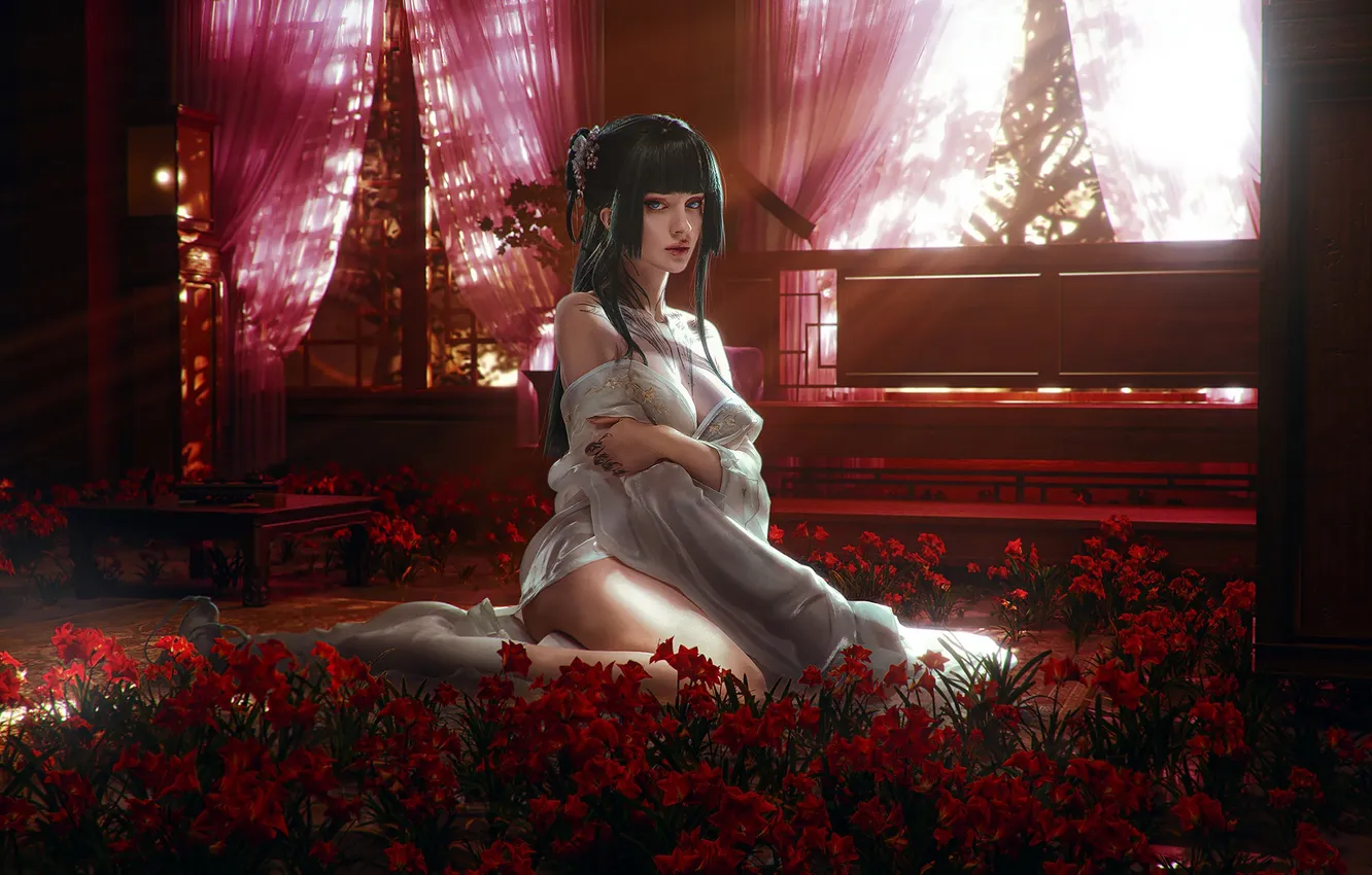 Photo wallpaper girl, anime, flowers, model, tattoo, brunette, Xenon, anime girls
