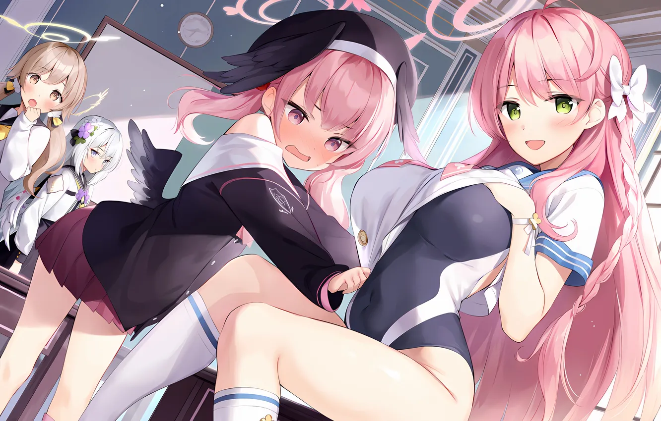 Photo wallpaper sexy, school uniform, pink hair, long hair, girls, anime, wings, beautiful