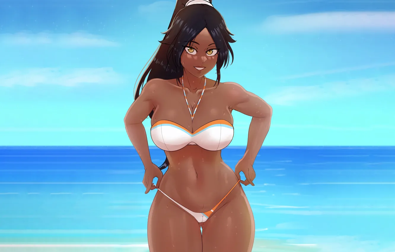 Photo wallpaper girl, sexy, Cameltoe, wet, Bleach, cleavage, beach, sky