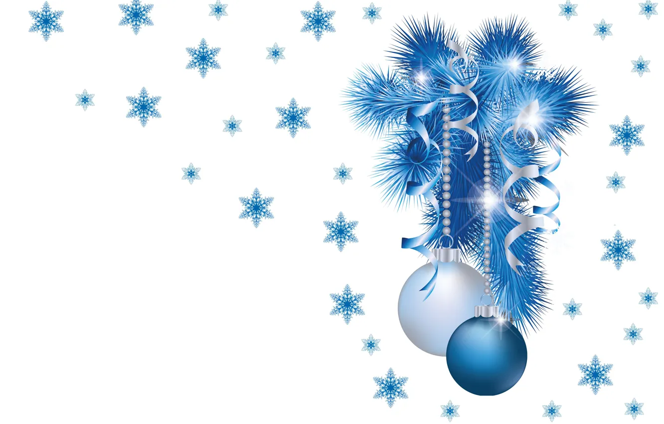 Photo wallpaper balls, snowflakes, sprig, mood, holiday, new year, minimalism, art