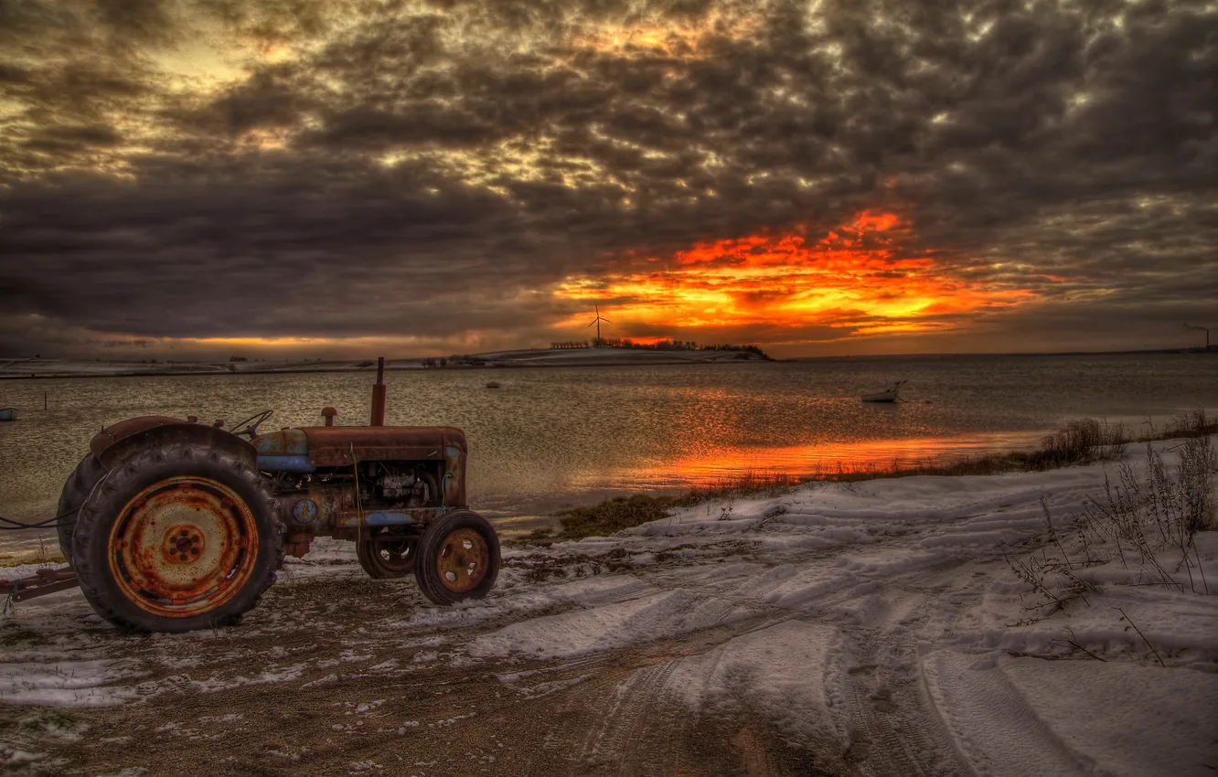 Photo wallpaper road, sea, tractor
