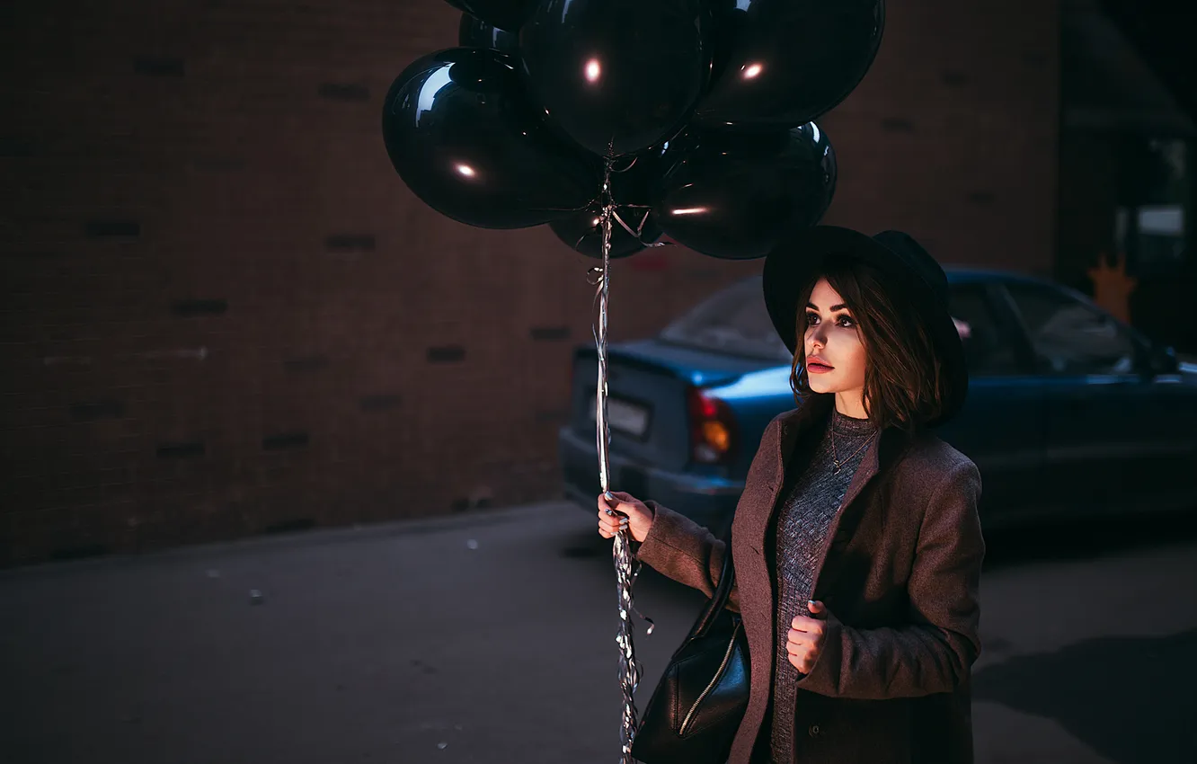 Photo wallpaper Girl, Black, Hat, Coat, Balloons, Lera, Gorokhov