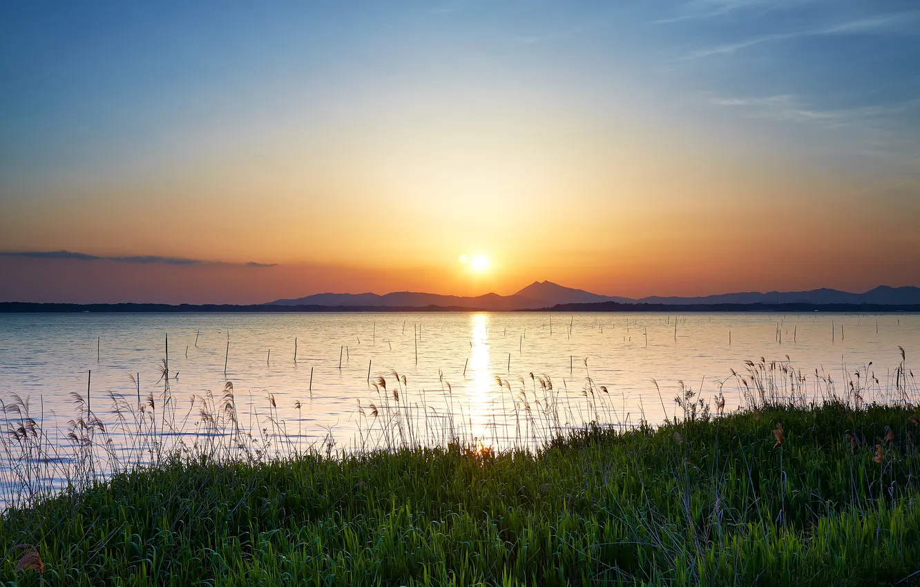 Photo wallpaper clouds, sunset, mountains, lake, reflection, hills, Bush, mirror