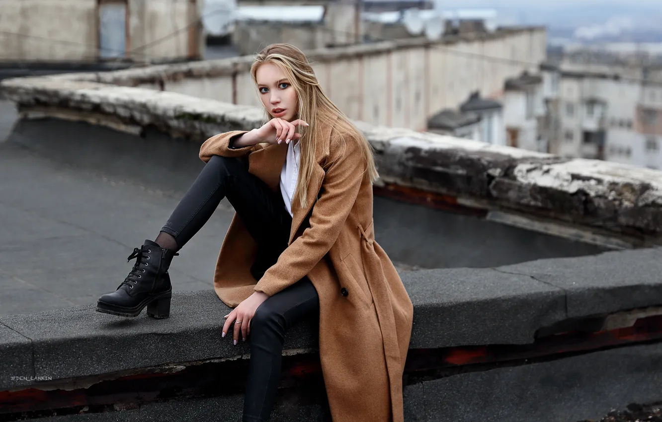 Photo wallpaper look, girl, pose, shoes, coat, on the roof, Denis Lankin