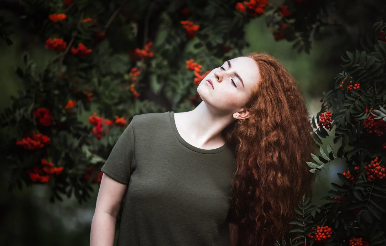 Photo wallpaper autumn, leaves, girl, trees, branches, nature, pose, berries