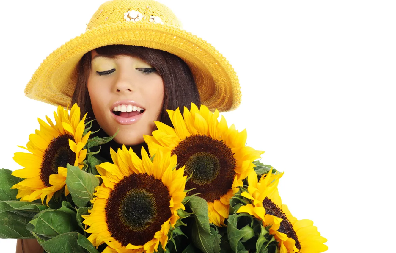 Photo wallpaper girl, sunflowers, flowers, hat, brunette