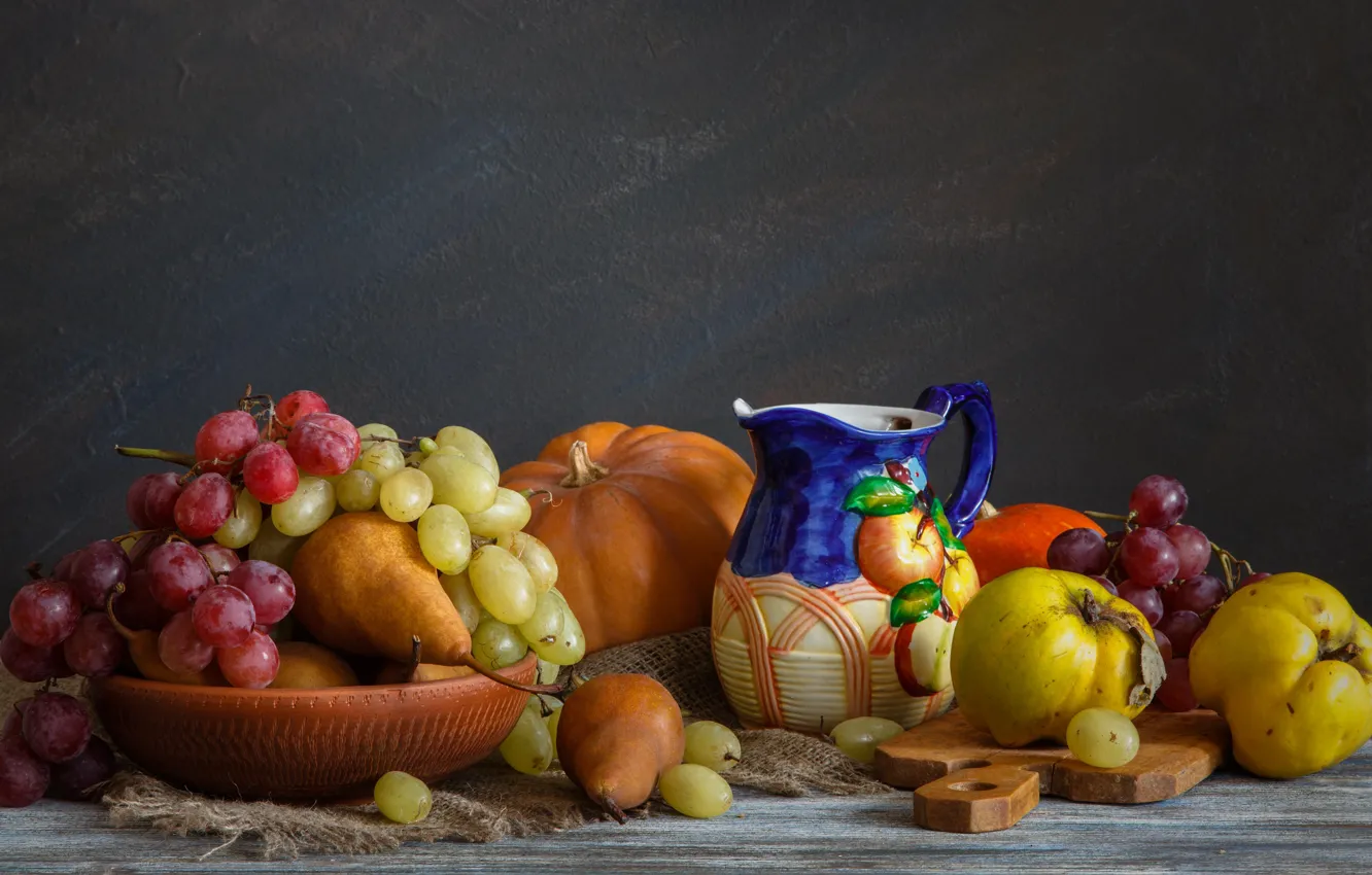 Photo wallpaper grapes, pumpkin, pitcher, fruit, pear, wealth, quince