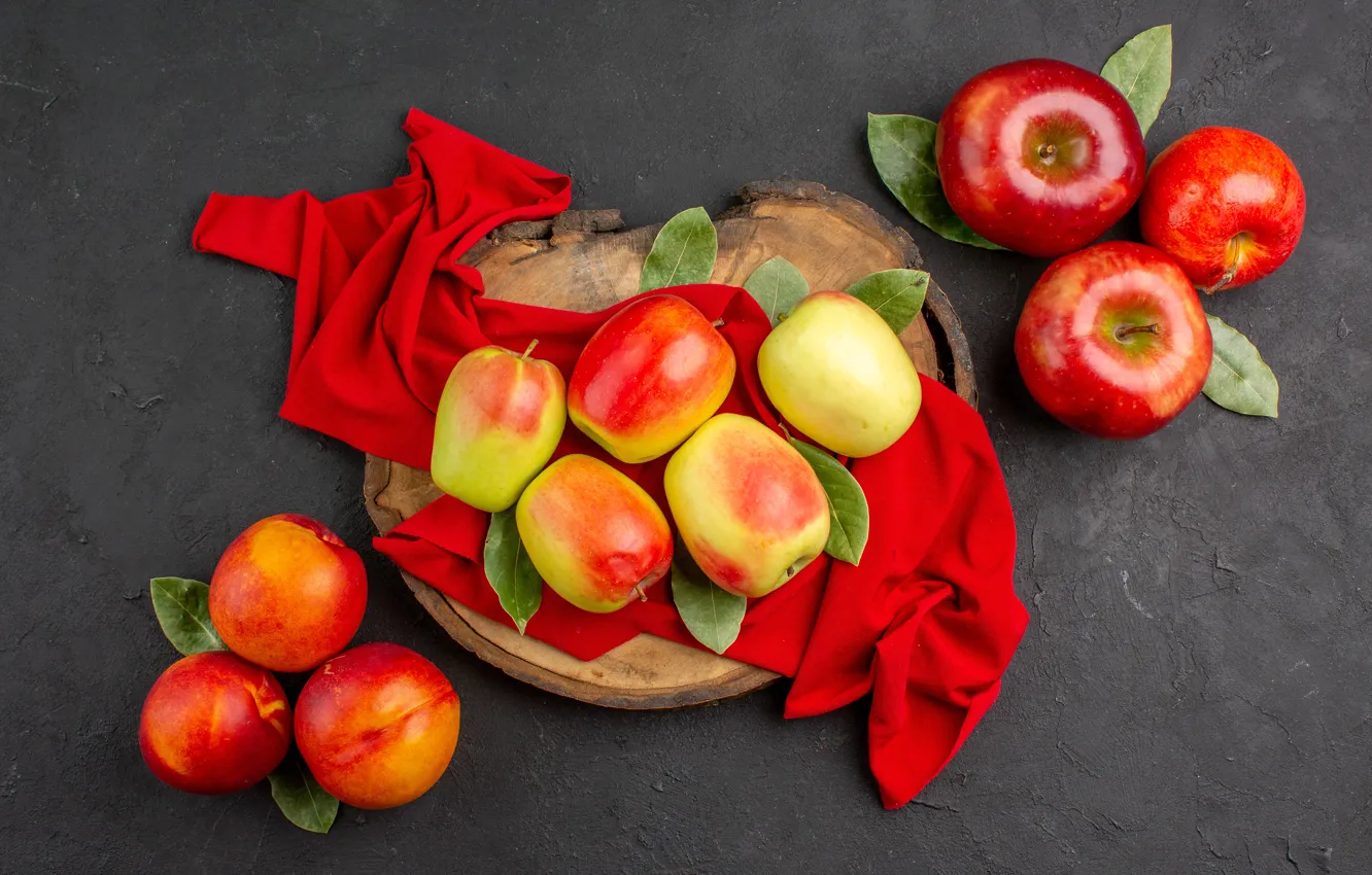 Photo wallpaper leaves, yellow, red, table, apples, towel, fabric, fruit
