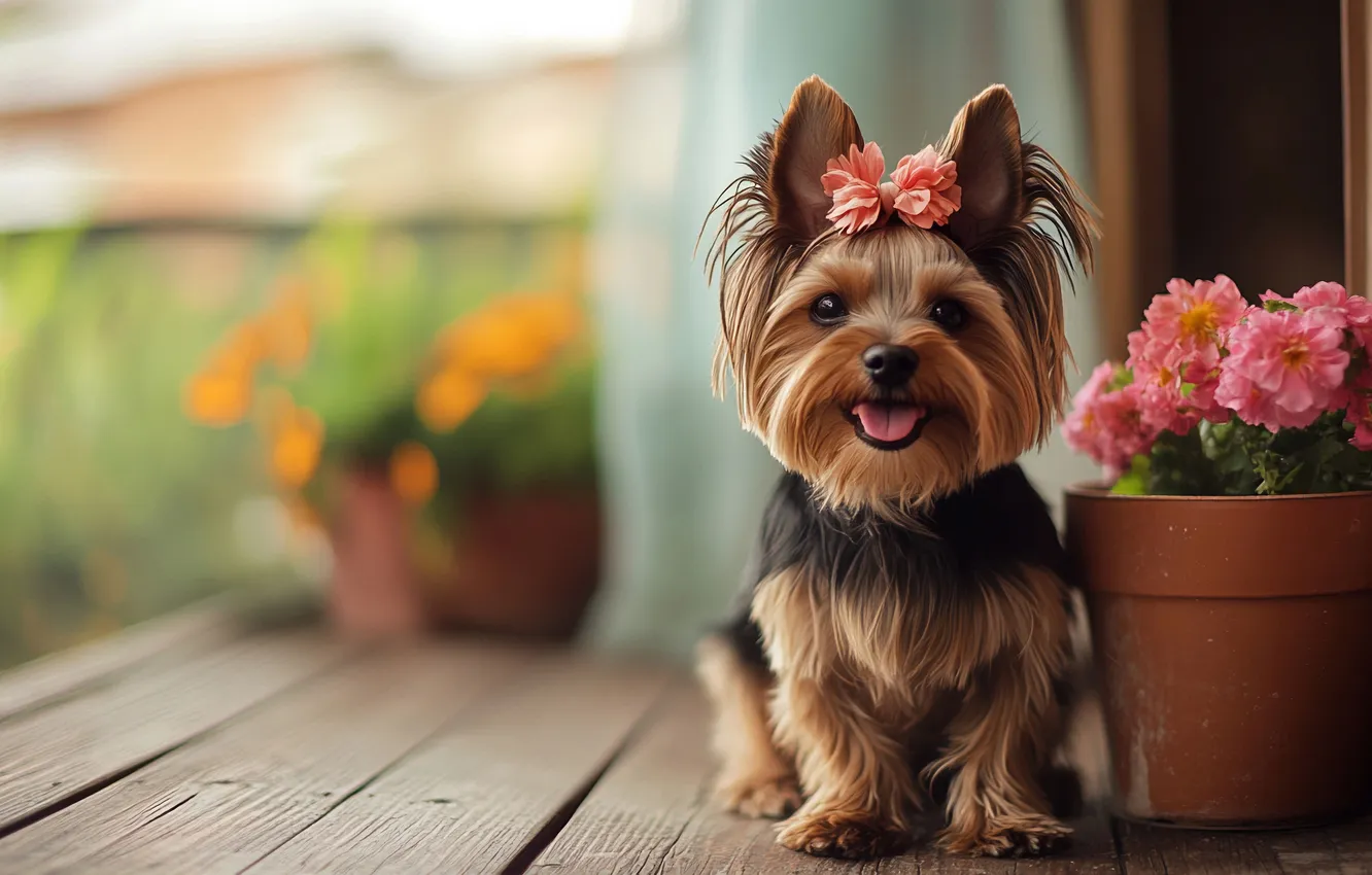 Photo wallpaper language, look, flowers, pose, Board, home, dog, garden