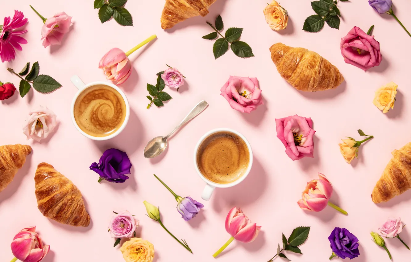Photo wallpaper flowers, coffee, morning, Cup, croissants, Natalia Klenova