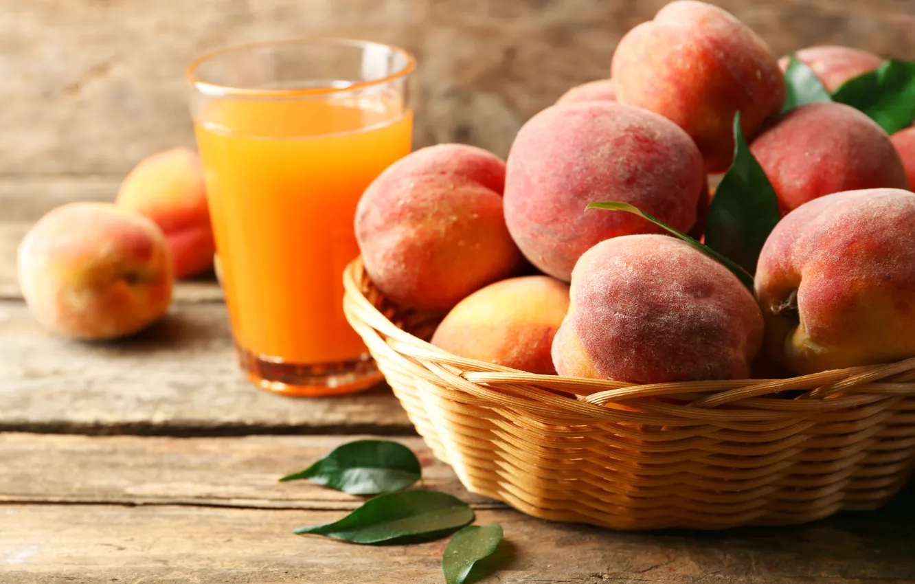 Photo wallpaper leaves, juice, fruit, peaches