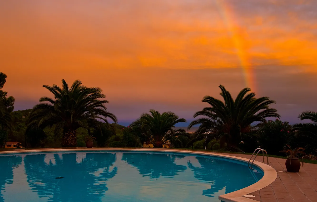 Photo wallpaper sunset, palm trees, rainbow, pool