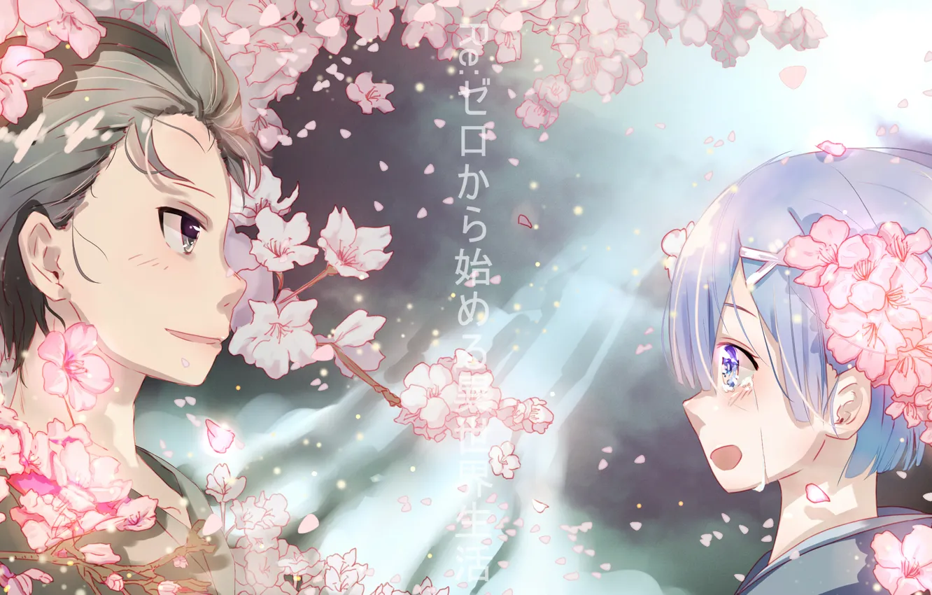 Photo wallpaper flowers, anime, art, two, Subaru, Re: Zero kara hajime chip isek or Seikatsu, REM