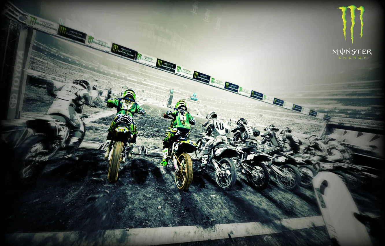 Photo wallpaper race, bike, motocross, start, monster, the competition, riders