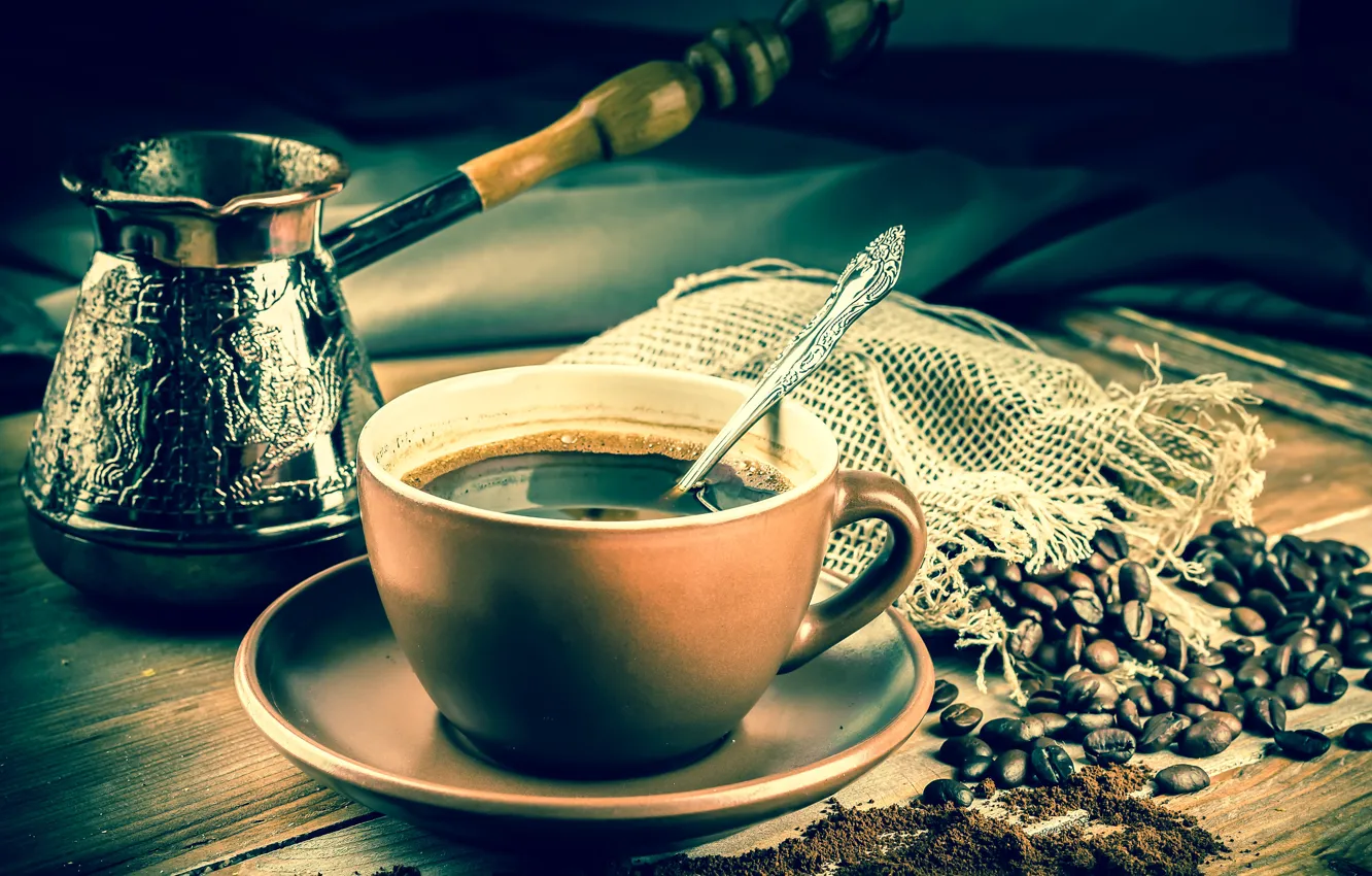 Photo wallpaper table, coffee, grain, spoon, Cup, drink, saucer, bokeh