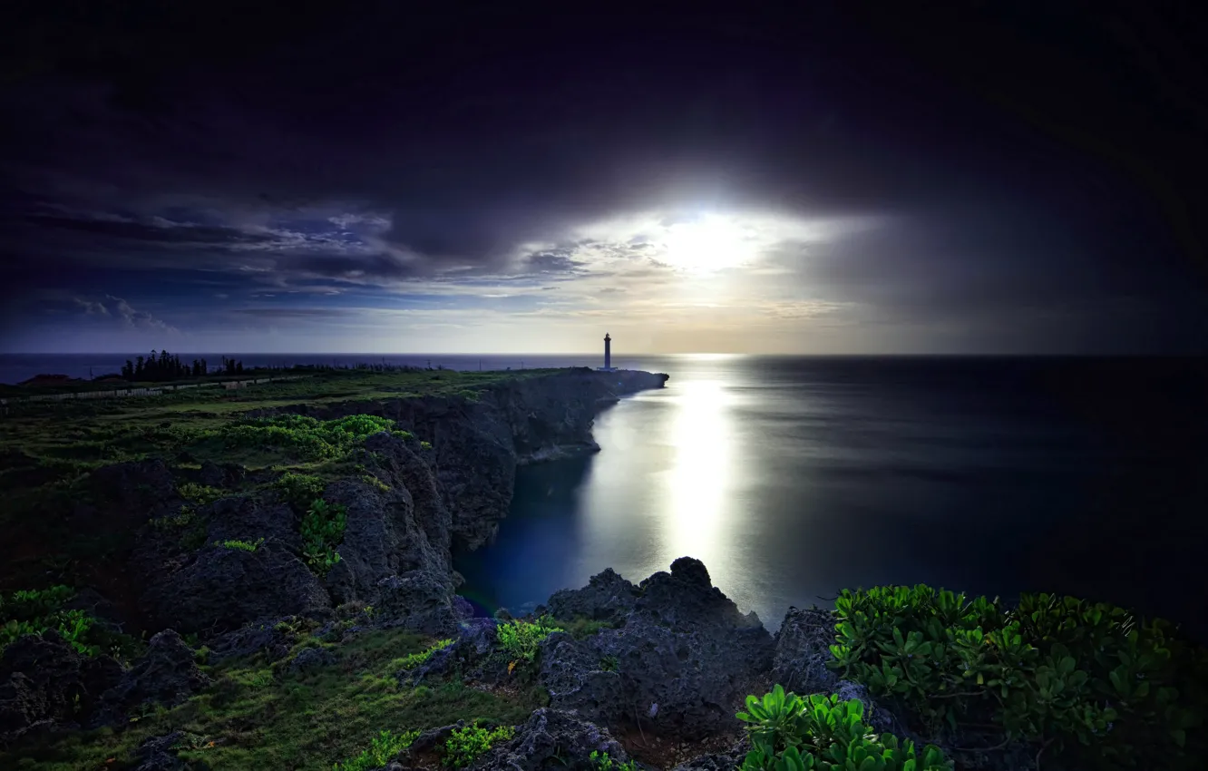 Photo wallpaper sea, the sky, the sun, clouds, rocks, coast, lighthouse, Japan