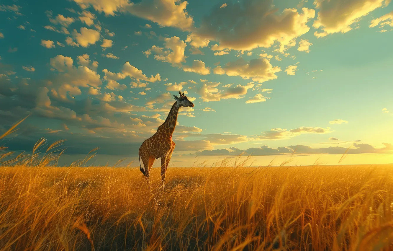 Photo wallpaper grass, clouds, dawn, giraffe, digital art, AI art, The Art of Artificial Intelligence, neural network