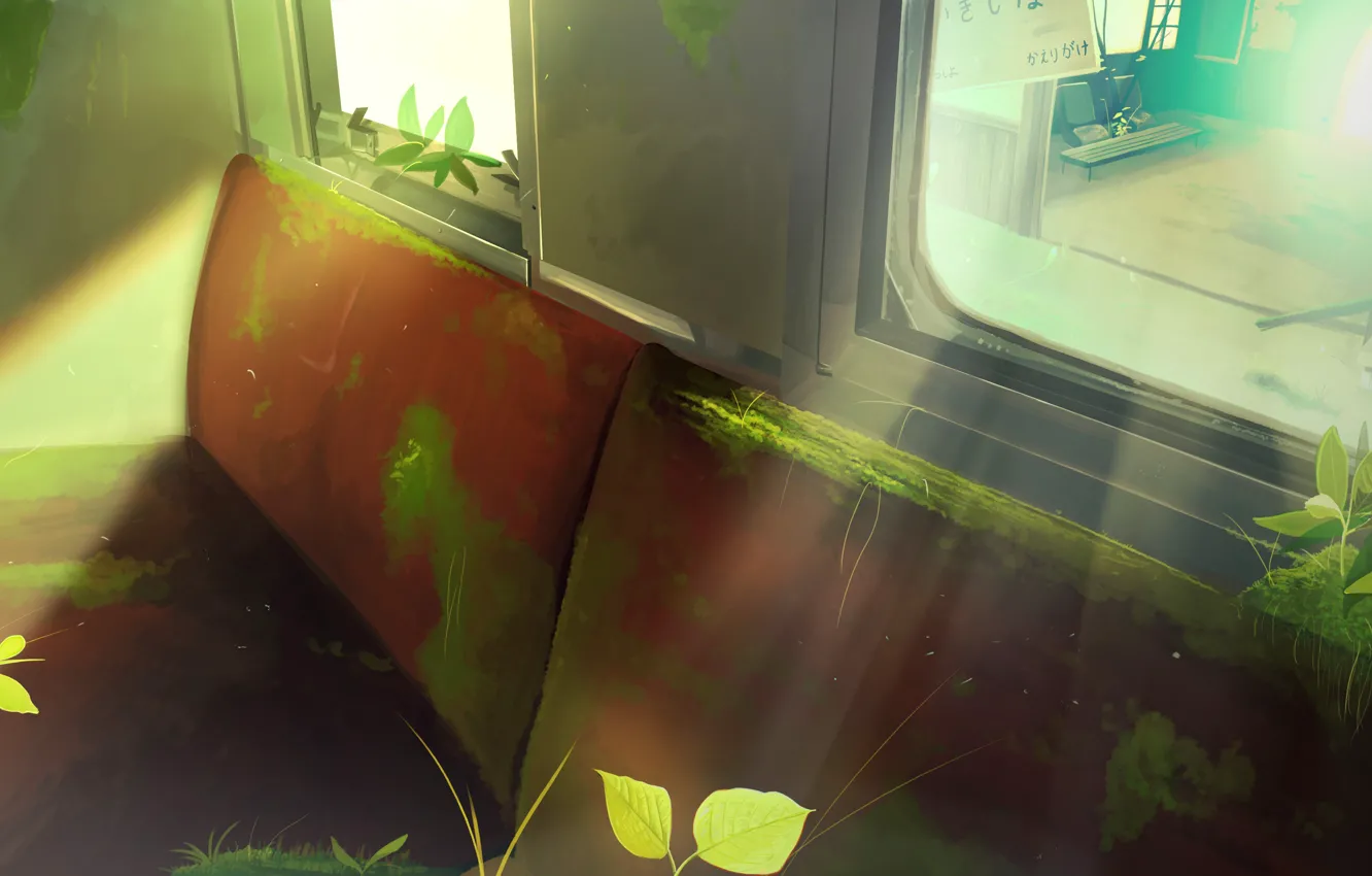 Photo wallpaper moss, plants, bus, abandoned