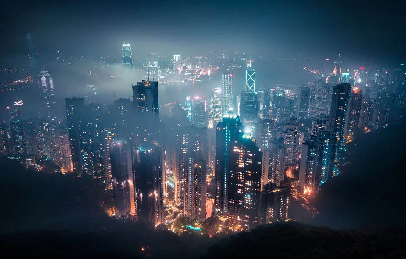 Photo wallpaper lights, lights, fog, China, building, Hong Kong, China, midnight
