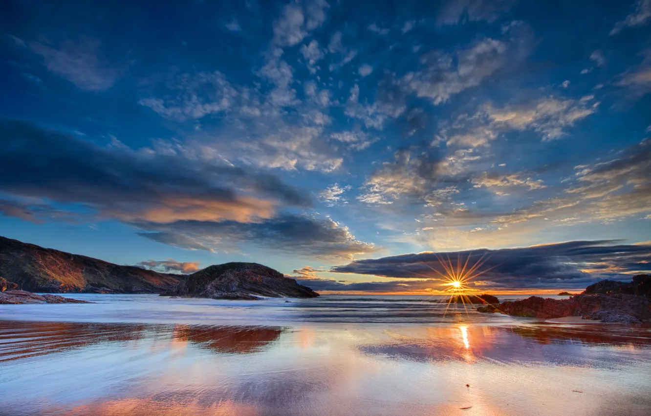 Photo wallpaper sand, beach, the ocean, rocks, dawn